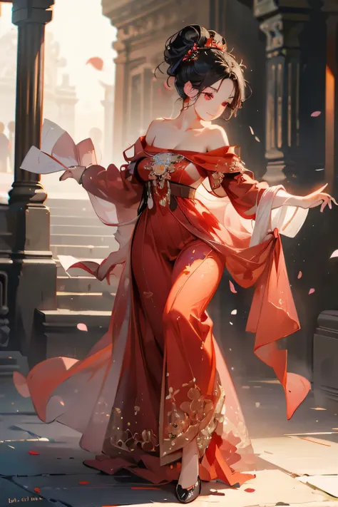 Best quality, masterpiece, ultra high res, (photorealistic:1.4), raw photo, 1girl, red dress, off shoulder, black eyes, blossom flower field, glowing skin, big black bun hair, light smile, dancing pose, accurate, detailed hand, detailed eyes, detailed face...