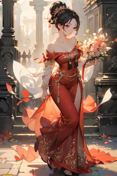 Best quality, masterpiece, ultra high res, (photorealistic:1.4), raw photo, 1girl, red gown kebaya, off shoulder, black eyes, blossom flower field, glowing skin, big black bun hair, light smile, dancing pose, accurate, detailed hand, detailed eyes, detaile...