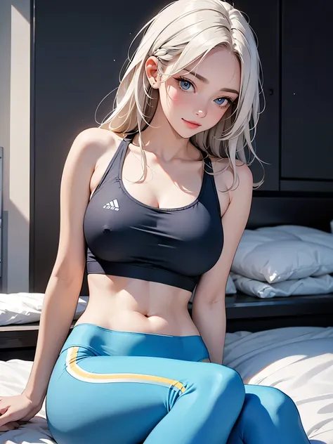 huge boobs. A healthy young woman in her 20s. wearing a blue and black sports bra with matching leggings. She has long, braided white hair. Her expression is calm and neutral as she prepares for a workout session. a model looking directly at the camera. on...