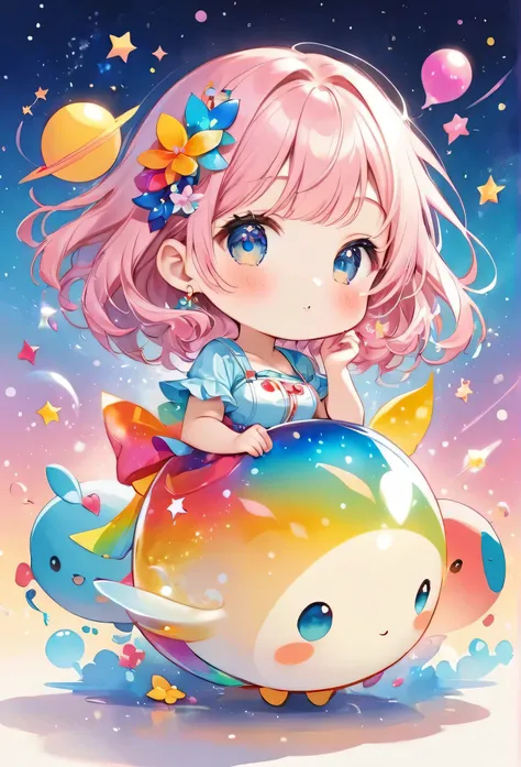 Mika Pikazo colorfull style, Simple Line Initialism，Abstract art，(((The most beautiful girl of all time))), (((chibi))), Sweet face. colorful hearts, funny design, (((bosom buddy ))), (((Cute Aliens))), The background is space