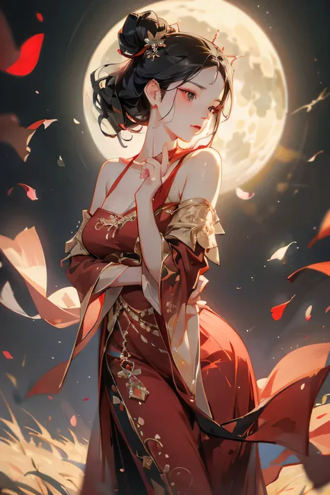 Best quality, masterpiece, ultra high res, (photorealistic:1.4), raw photo, 1mature woman, red long kebaya gown, off shoulder, black eyes, blossom flower field, under the moon, night sky, glowing skin, big black bun hair, calm face, dancing pose, accurate,...