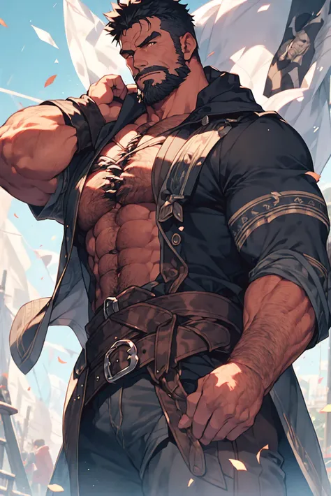 a rugged-faced middle-aged man, long neatly-trimmed beard, black hair, slight smile, minimalist black no expose pirate outfit, no belt, black cloak, rolled up long sleeves, torso and face only, facing front, wind blowing