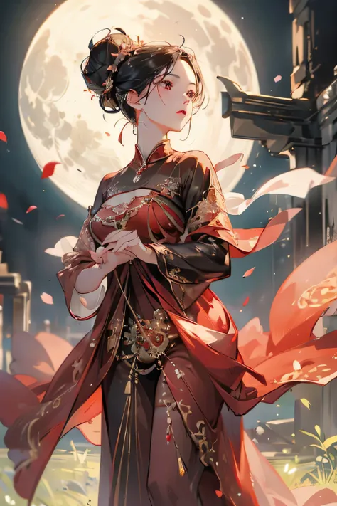 Best quality, masterpiece, ultra high res, (photorealistic:1.4), raw photo, 1mature woman, red suit gown, o, black eyes, blossom flower field, under the moon, night sky, glowing skin, black big bun, calm face, dancing pose, accurate, detailed hand, detaile...