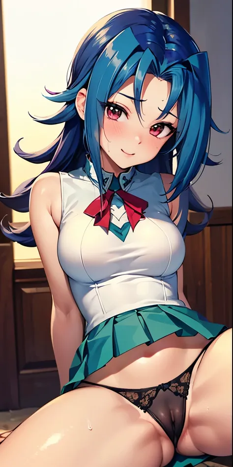 1 Female,High definition,high resolution,Ultra-realistic,8K, kr1, multicolored hair, dyed bangs, white shirt, sleeveless, green skirt, pleated skirt,European,sexy,Upper body close-up,Photographed from the front,Dynamic Angles,blush, medium tits, happy, win...