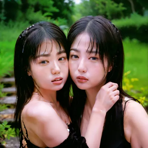 Identical twin sisters、Front view, Portraiture, Rembrandt Lighting, cute、(8k、Live Shooting、Highest quality、masterpiece:1.2)、Super detailed、Super Resolution、(Hyper Reality、)Super detailed、Super Resolution、(Real、Actual Photos:1.47)、Highly detailed face、Highl...