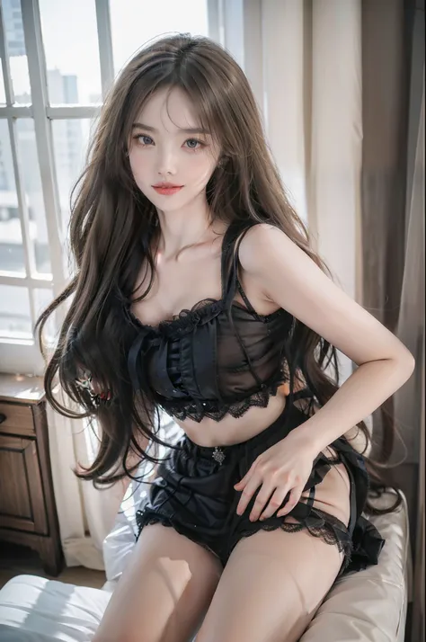 ruanyi a beautiful woman, in an elegant pose, her full breasts on display.，Visible cleavage，Sexy long legs，The skirt is short, Variety of slim and cute beauties, Her long hair cascades down her shoulders like a waterfall。She smiles radiantly，Eyes sparkle，H...