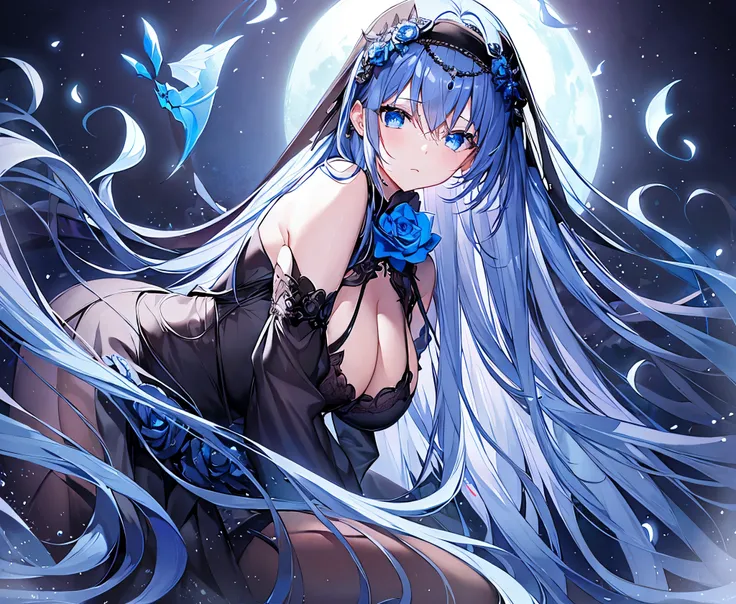 1 person、Gothic、(Dark fantasy)、Headband、Blue Rose、Exquisite details、delicate design、Black and blue outfit、Long sleeve、night、moon、