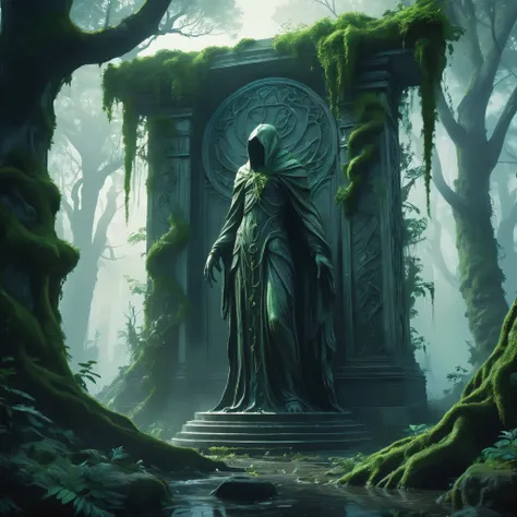 Deep within the shadowy depths of the Whispering Woods stands an eerie, life-sized statue of a human figure, carved from weathered stone. The statue, overgrown with creeping ivy and moss, appears almost lifelike, frozen in a moment of palpable fear. Its ey...