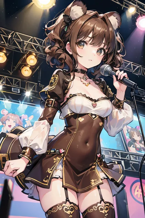 Top quality, highly detailed, UHD, cute and beautiful anthropomorphic koala idol girl, wearing heart shaped choker, brown curly bob hair, knee high boots, mini dress, outdoor stage