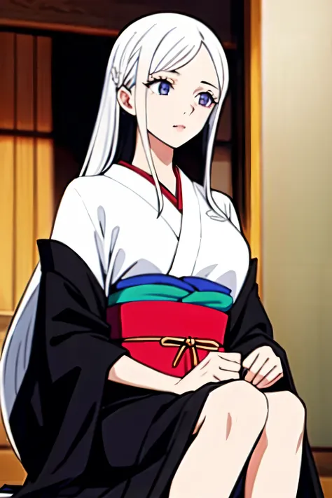 ((best quality)), ((masterpiece)), (detailed), Black kimono.white hair.test.female.long hair.Hime cut.pretty girl