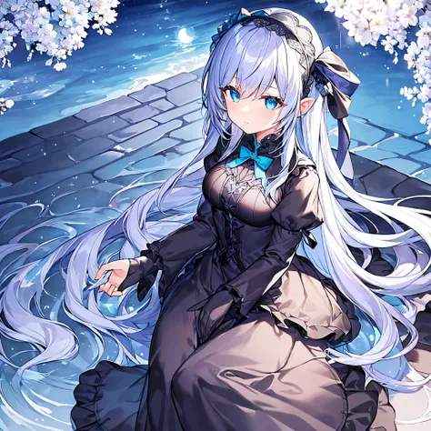 (Detailed light、Detailed Shadows、Detailed Design)、1 person、Gothic、(Dark fantasy)、Headband、Blue Rose、Black and blue outfit、Long sleeve、Sea of night、moon、ribbon、Frills、Detailed pattern on skirt、CD jacket style