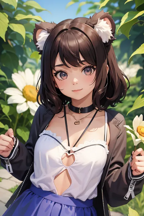 Cute and beautiful anthropomorphic koala girl with brown curly bob hair wearing a heart shaped choker in a beautiful flower field
