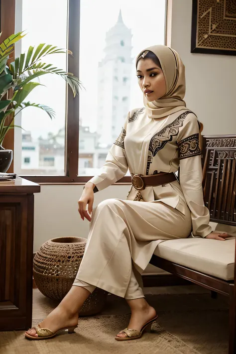 create an office look hijab with a Javanese aesthetic theme by using natural colors and classic motifs such as parang, semen, or flora and fauna motifs. Fashion style "Javanese Aesthetics" represents luxury, elegance, and the serenity that is typical of Ja...