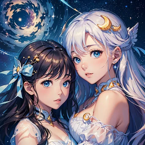 (starry skies:1.2)、Adventure Romance、(Two angels floating in the starry sky confess:1.2)、(Flying Angel:1.2)、Draw the whole body、(Between them the Milky Way flows、The crescent moon is floating:1.2)、(Crescent moon in the starry sky)、(Beautiful face and detai...