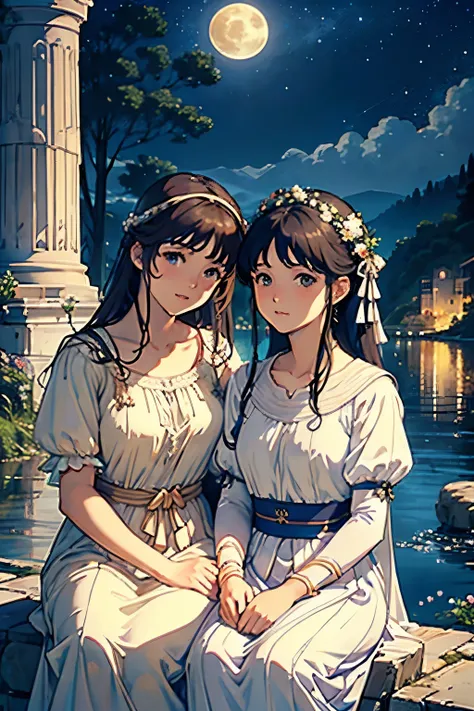 (starry skies:1.2)、(Highest quality、High resolution、masterpiece)、4K Anime Art、(two women are sitting on a rock in the river、Facing each other、whole body、18-year-old)、(ancient greek scene) 、(Detailed depiction of a beautiful face)、Put your hair up、Captivati...