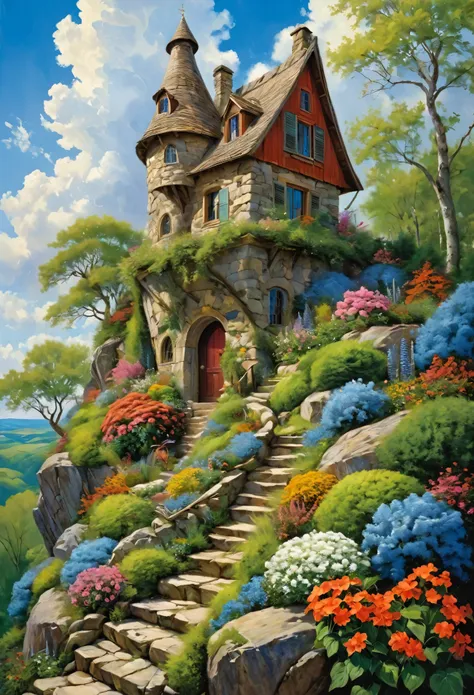 vibrant, detailed digital painting of a whimsical, multi-story house perched on a rocky cliff. the house features a mix of woode...