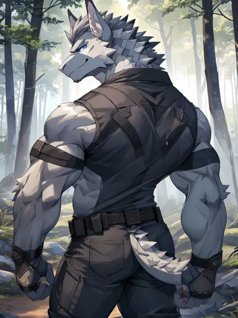 Masterpiece, Solo, Furry Gray Dragon, Blue Eyes, Medium Gray Hair, Muscular Body, Cool Pose, Handsome, Good Looking, Adult, Fierce, Smirking, combat pants, shirtless, Back, Forest background