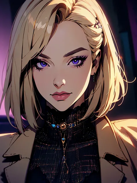 hyper-realistic of a charming woman with short, blonde hair, long bob hair, piercing purple eyes, dutch angle, beige coat, ((light hair)), ssmile