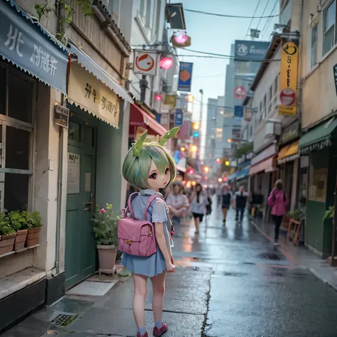 cheeky green haired zundamon(((((in the form of a child)))))walking around the city、a bit,