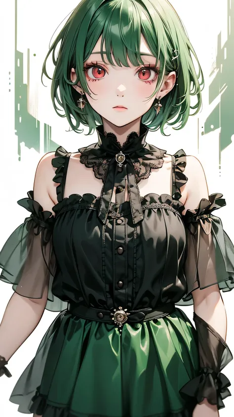 One person, Green Hair, Red eyes, dress, short hair, (alone:1.3),