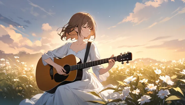 Highest quality,Playing Acoustic Guitar,Brown Hair,Wearing a dress,outside,Serene atmosphere