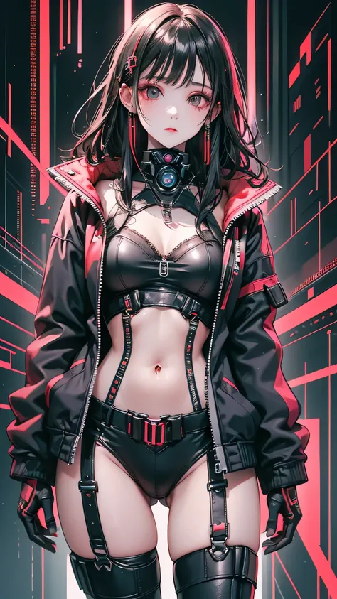 Beautiful girl,Mid-chest, Slender beauty,Wearing a sturdy jacket, Long Hair, Cyberpunk night scene with mechanical weapons, Cyberpunk Red Green Background