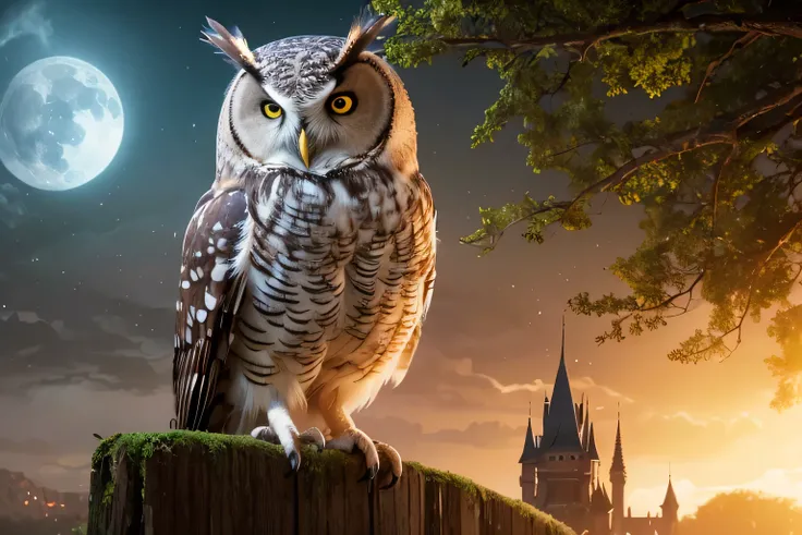 there is a owl sitting on a fence post in front of a castle, Detailed Matte Painting inspired by Jofra Bochert, Shutterstock Contest Winner, Fantasy art, owl wizard, nite - owl, the wisest of all owls, Realistic fantasy illustration, High Quality Fantasy S...