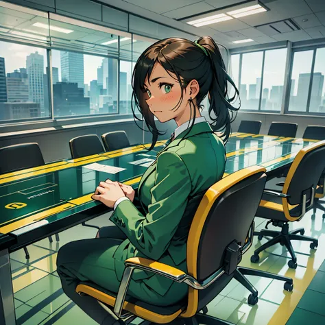 A woman in a green business suit is sitting alone in a large conference room, facing forward as if she is in a job interview. She looks anxious and is blushing with a shy expression.