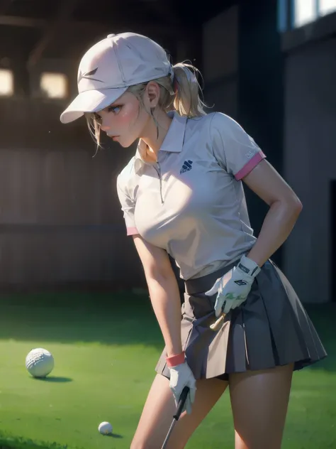  masterpiece, (textured skin), best quality, gorgeous beautiful girl, (a female golf athlete), detailed clothes,large breasts,narrow waist,, (beautiful face), cinematic lighting, (at golf venue ),