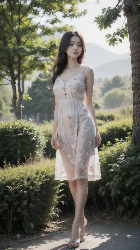 (best quality,4K,8ก,height,Masterpiece:1.2),Very detailed,(realistic,photorealistic,photo-realistic:1.37),High resolution portraits, beautiful asian girl, Standing in front of Tianzishan Peak, Zhangjiajie,((Fiona Pink Misty Floral Embroidered Cotton Dress ...