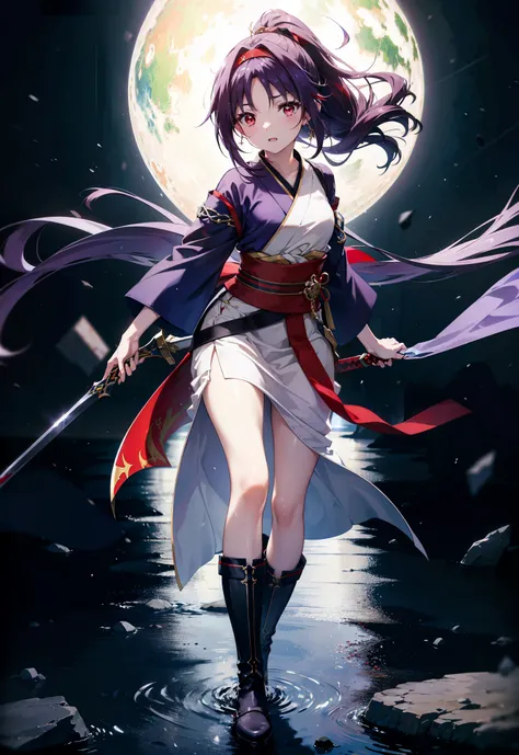 yuukikonno, Yuki Konno, hair band, Long Hair, Pointed Ears,ponytail, Purple Hair, (Red eyes:1.5), (Small breasts:1.2), Open your mouth,Purple kimono,Red too,boots,Hold the handle of the sword with one hand,Sword Drawing Technique,whole bodyがイラストに入るように,
bre...