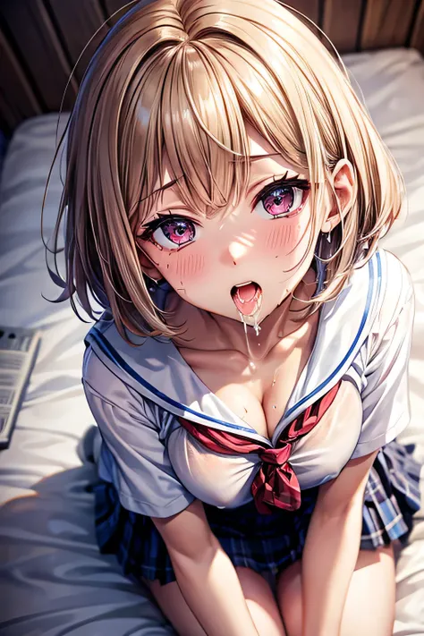 (((pov,1 boy, penis, fellatio)))、(highest quality)), ((masterpiece)), (Familiar), Perfect Face,Shiny skin,Beautiful breasts,red eyes,Shiny skin、Sunburned skin、Sweat、Off the shoulder、Double teeth、Hotel 、(((short Bob hair))) 、blond Hair Color、Young、Big Breas...