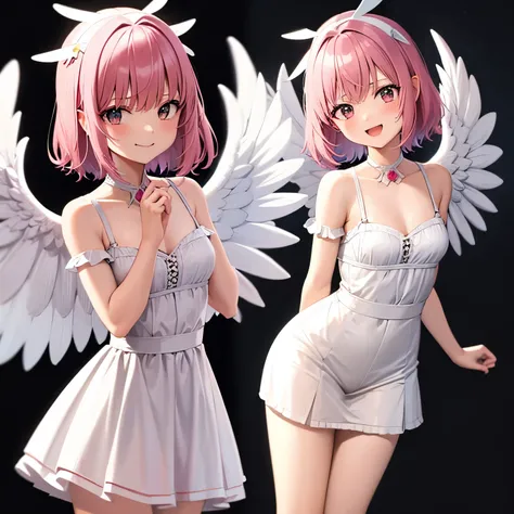 cute girl, anime, head on, with short pink hair, big angel wings, white and pretty clothes, small wings on the head