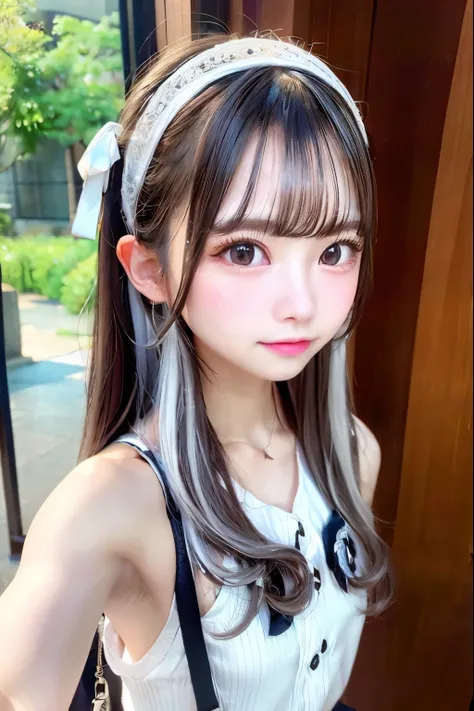 1 girl,silver straight hair, bionde, medium long hair, headband Lace with white ribbon,Carrying a school bag ,she is AYA MIYABI, 22 years old, Bishojo, looking at viewer, she is famous Japanese idol, kawaii, (mascara), eyeliner, almond eye, natural eyebrow...