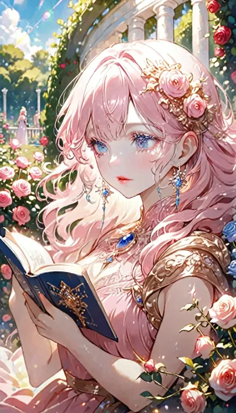 ((best quality)), ((masterpiece)), ((Romance Fantasy)), ((illustration)), (detailed), (clear), 1 woman, beautiful, pure, calm, long pink hair with bangs, white skin, Sapphire blue eyes, abundant eyelashes, Deep double eyelids, pretty lips, A gorgeous and r...