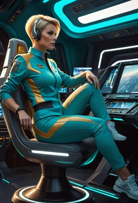 ((gorgeous realistic short hair blonde female 35 years age in a realistic futuristic large cockpit)), in a large room, ((playing Computer Games)), ((sitting on a stool with display and glowing control surfaces)), she is wearing a teal and grey gold badge t...