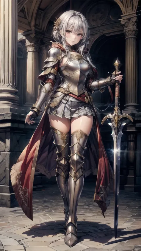 1girl,((Beautiful blue medium hair,Golden Eyes)),((A luxurious metal armor that covers the upper body,pleated micro mini skirt,Thigh-length silver metal boots,Silver metal gauntlets,A very large red cloak:1.55)),8K quality,Extremely sophisticated digital a...