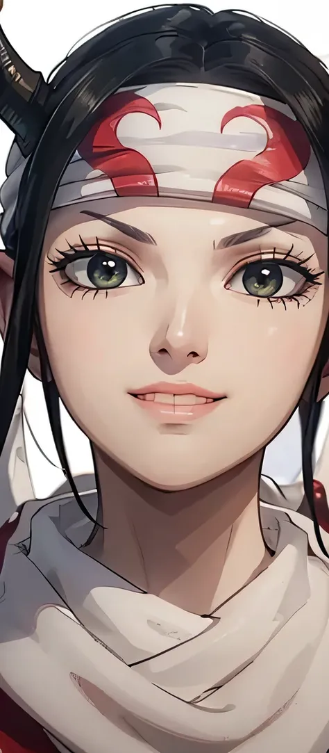 A beautiful face with a devilish smile, adorned with a bandana, a wicked visage.