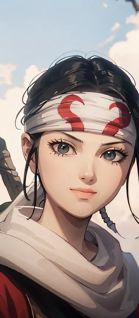 A beautiful face with a devilish smile, adorned with a bandana, a wicked visage.