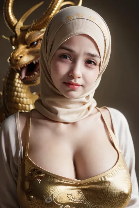 ((((HALF BODY  PORTRAIT)))), Naked, Very cute like a baby face, ((Stylish Hijab)), adorable, 1 girl, 10 years old, baby face, shy, half body portrait,smile,  (face details: 1), (eye details: 1), ((round large breasts, cleavage)). Cute posed. proportional b...