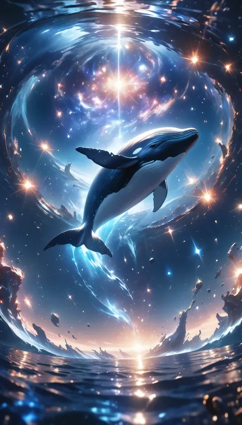 a breathtaking cosmic landscape, a sea of shimmering stardust, glimmering and radiant, luminous and reflective, a whale leaping ...