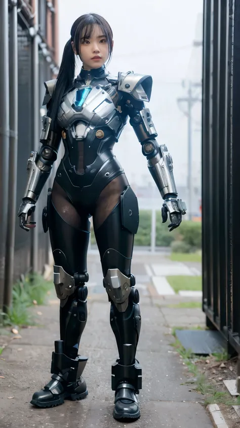 1 girl, alone, Wearing a mechanical suit, Mechanical wonders, cyberpunk, Cybernetics Guardians, Armor of the future, full body, front pose, symmetrical, complicated (Metal Iron [rust]), joint, Warframe Style, Cyborg, Male body and armor, Chainsaw Man 