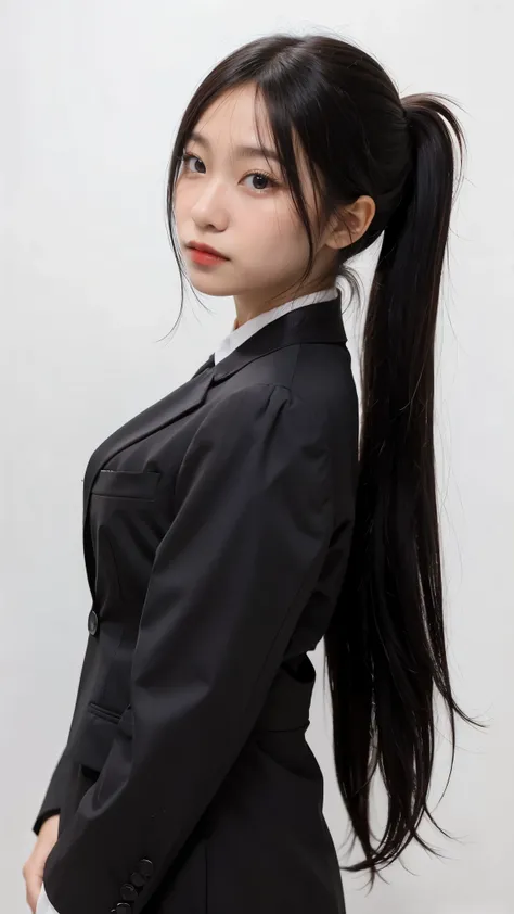 1girl, black random formal attire, white background,