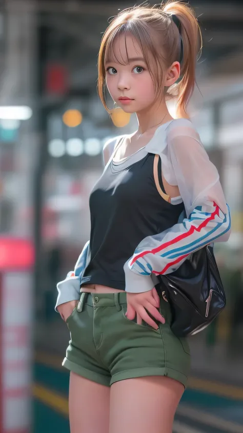 Ultra-high resolution, (Realistic: 1.4), RAW Photos, Highest quality, (Photorealisticistic), concentrated, Soft Light, ((15 years old)), ((Japanese)), (front, Young Face))), (Depth of written boundary), (Thin and see-through cropped tank top), masterpiece,...