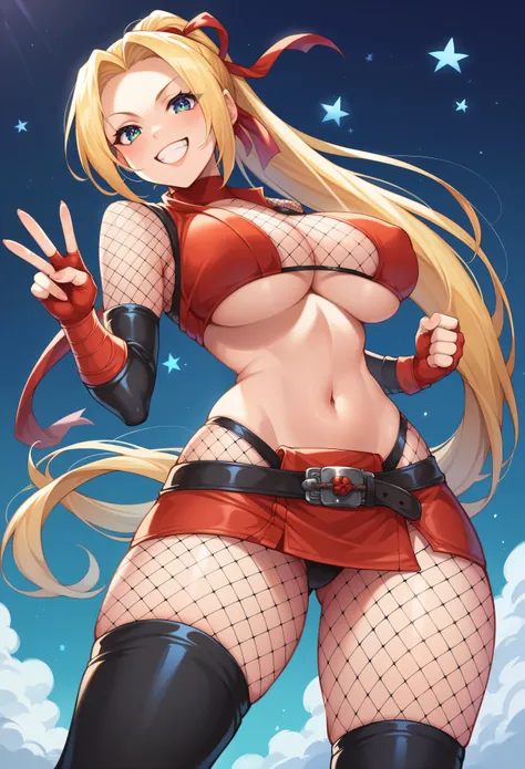 masterpiece, best quality, (1 girl), solo, wide hips, (big breasts), slutty grin, young girl, wide hips, ninja village, nighttime, detailed eyes, open mouth, ((wearing a slutty ninja outfit)), slutty, (very long hair), curvy, nice hips, kunoichi, ((ninja g...