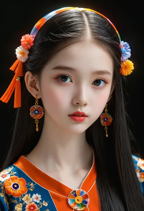 Millefiori glass style，A girl around 13 years old，Pale skin，Very long hair, Black straight hair. big、Black eyes , With a strong and mysterious expression. Dressed in orphan clothing style, More elegant and refined, Something that matches her mysterious and...