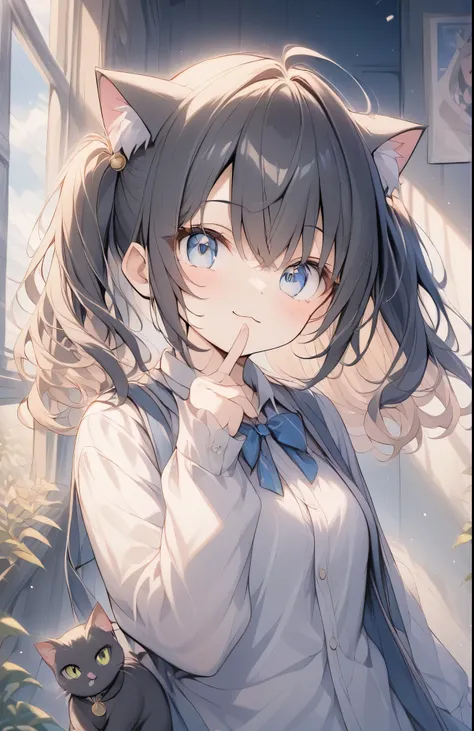 超High resolution, Attention to detail, high quality, High resolution, 最high quality, 4K, 8k, Awards, (artwork)、((Black cat)),Black hair twin tails、Female student、uniform、cute、Blue Eyes、((I have a cat on my head))、Poster image