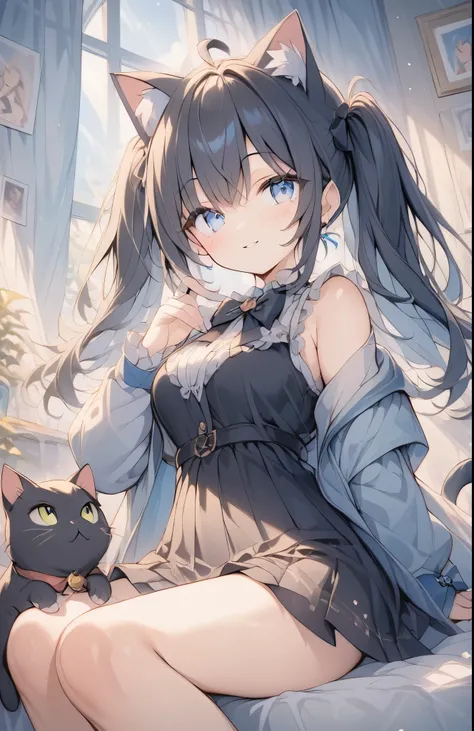 超High resolution, Attention to detail, high quality, High resolution, 最high quality, 4K, 8k, Awards, (artwork)、((Black cat)),Black hair twin tails、Female student、uniform、cute、Blue Eyes、((I have a cat on my head))、Poster image