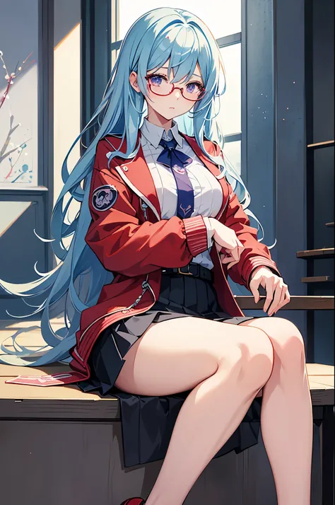 hd, Anime girl, portrait of female student, clean and meticulous anime art, light blue hair, beautiful anime art style, cute anime girl portrait, purple eyes, lovely art style, Soft anime illustration, shy, ((red jacket with white collar and rim)), thin wa...