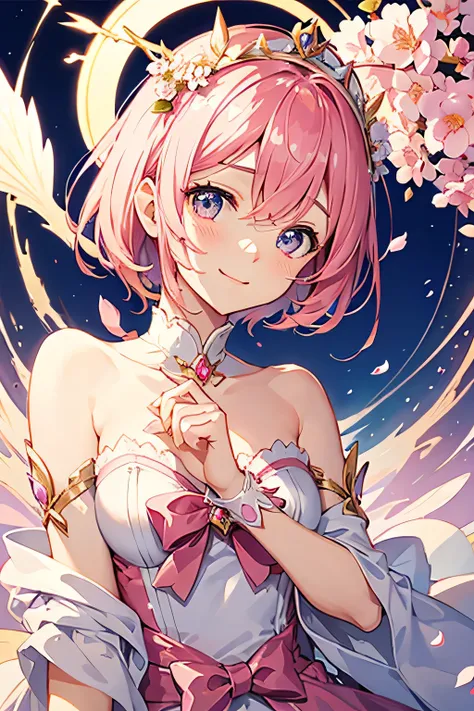 pink，short hair，Magical girl，Flower headpiece on one side，Facing the screen，The right hand invites us，Looking at us with a smile。